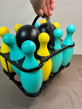 Kids Bowling Set - Teal & Yellow Pins with Black Ball